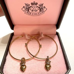 *New* Vintage Juicy Couture Royal Heart Crown Charm Rhinestones Earrings Hoops